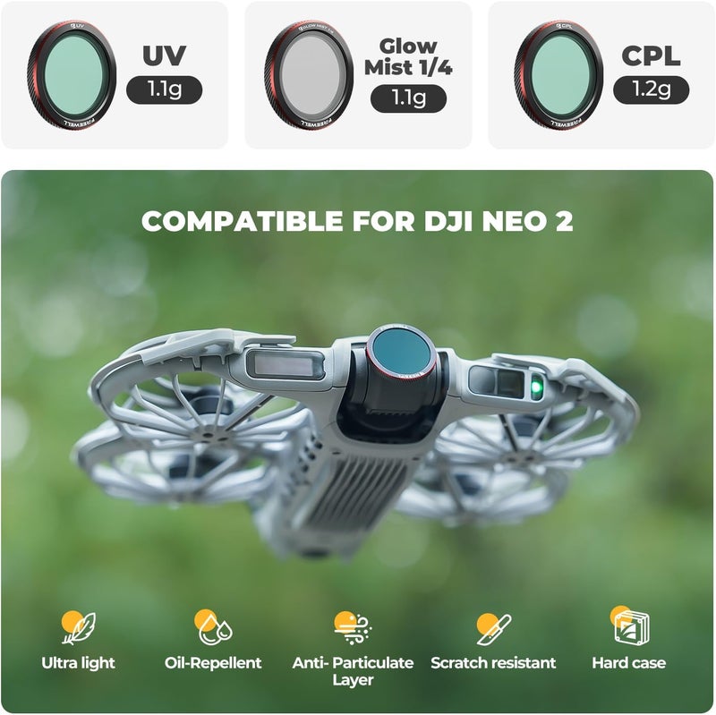 FreeWell فلترات مغناطيسية 3 عبوات لـ DJI Neo 2 – تشمل فلتر CPL (مستقطب) لتقليل الوهج، وفلتر UV لحماية العدسة، وفلتر Black Glow Mist 1/4 للتأثيرات السينمائية. - Image 2